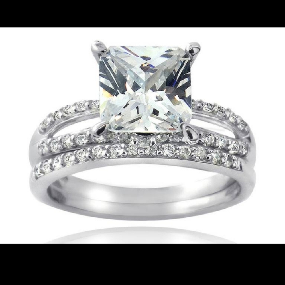 Sterling Silver CZ Square & CZ Half-Eternity Band